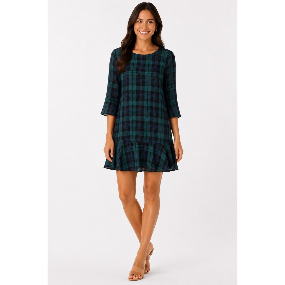 Madewell 100% Silk Plaid Ruffle Hem Shift Dress Green Black  Womens 8
